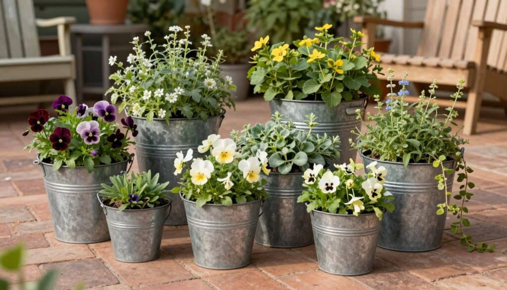 Collection of vintage metal buckets in various sizes filled with seasonal flowers on patio