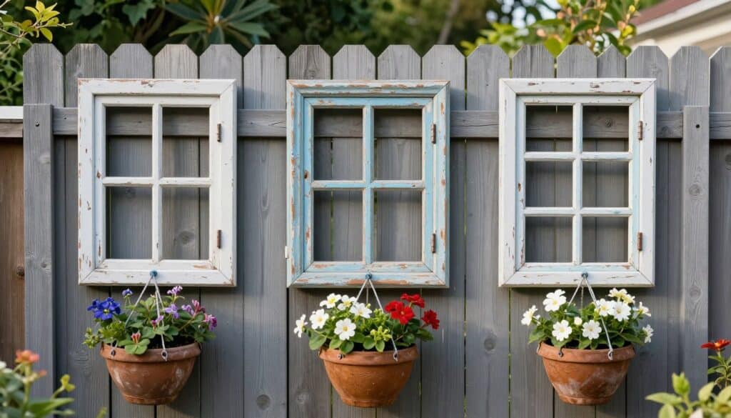 Collection of vintage window frames arranged on garden wall with potted plants