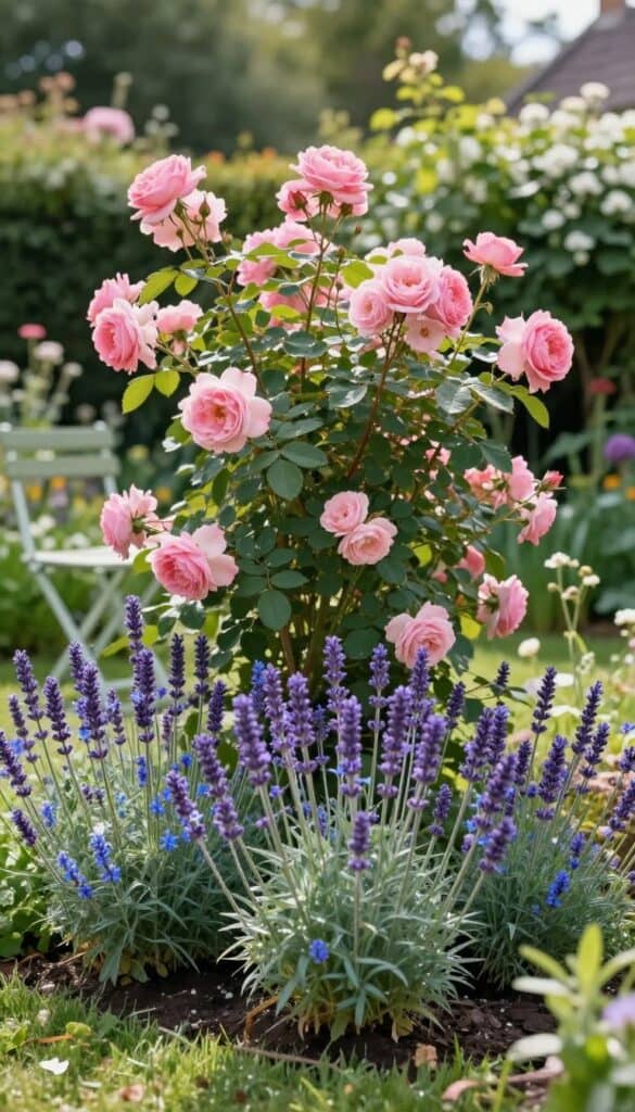 Compact shrub roses paired with lavender and nepeta in classic cottage garden border