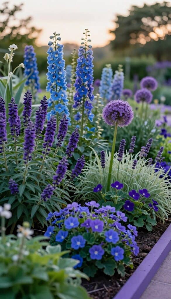 Cool-toned English garden border featuring layers of blue and purple flowering plants including salvias, delphiniums, and lavender