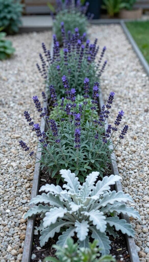 Cool toned cottage garden border with silver foliage and blue flowers on pale gravel mulch