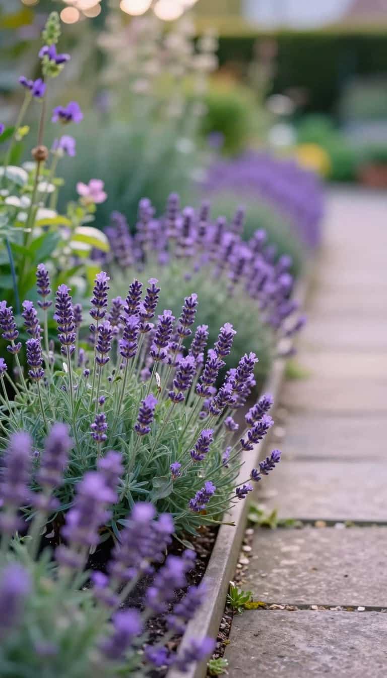Cottage garden border with lavender and catmint creating purple ribbon effect along narrow pathway