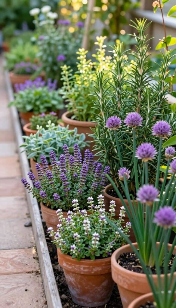Cottage garden herb border with thyme, sage, rosemary and chives in narrow bed near patio