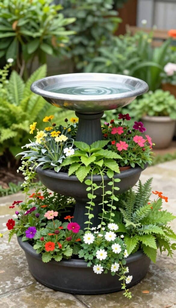 DIY bird bath with tiered planter design combining water and plants