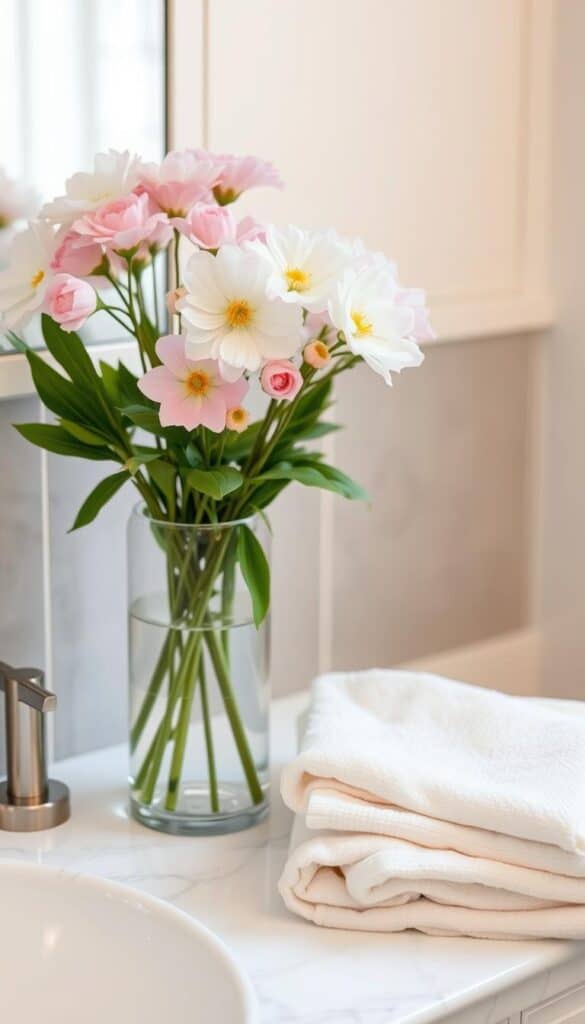 Delicate pastel flowers in glass vase on bathroom counter with soft ivory linen towels