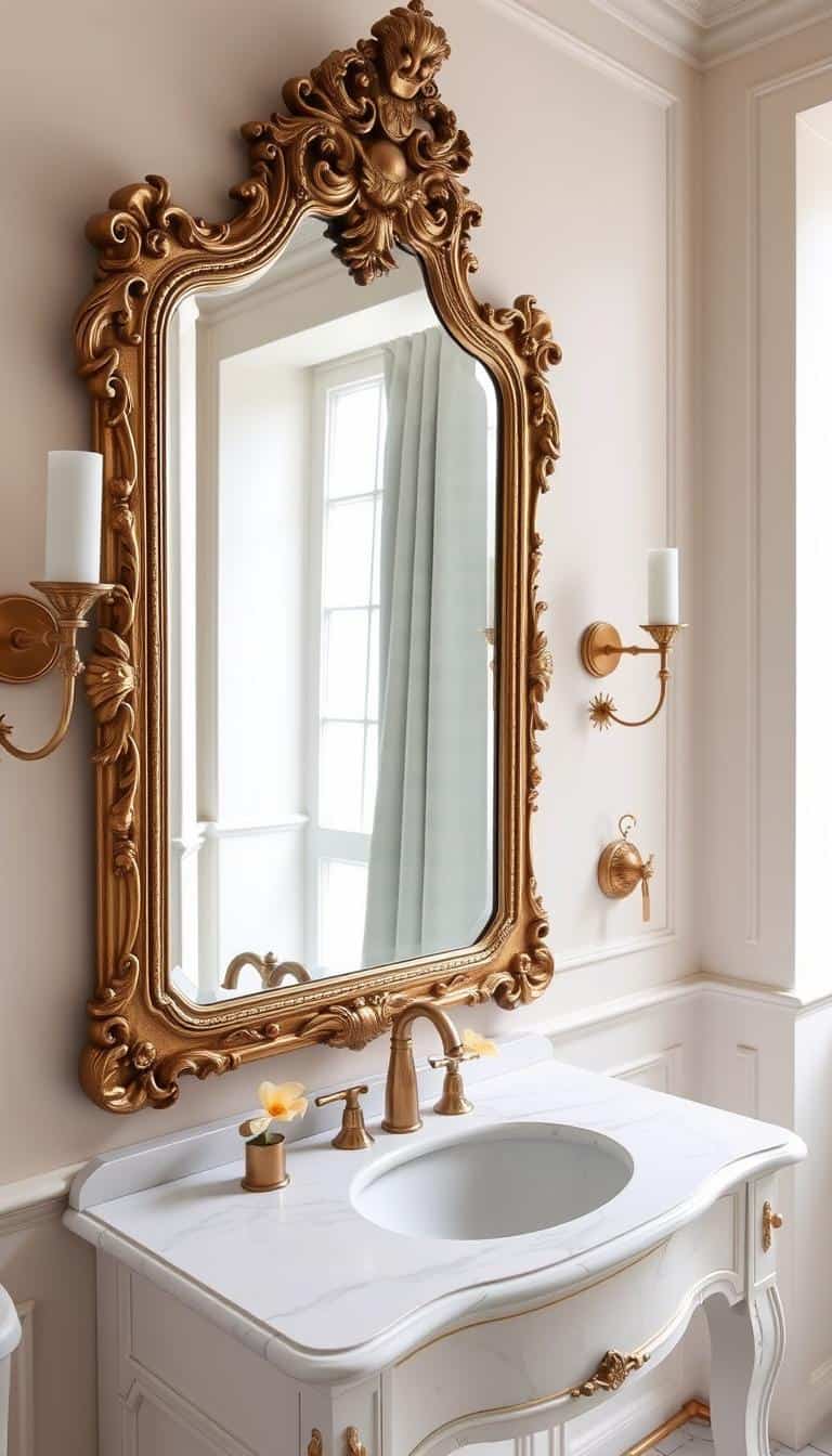 Elegant Parisian bathroom featuring a white marble sink with ornate antique gold-framed mirror and brass wall sconces