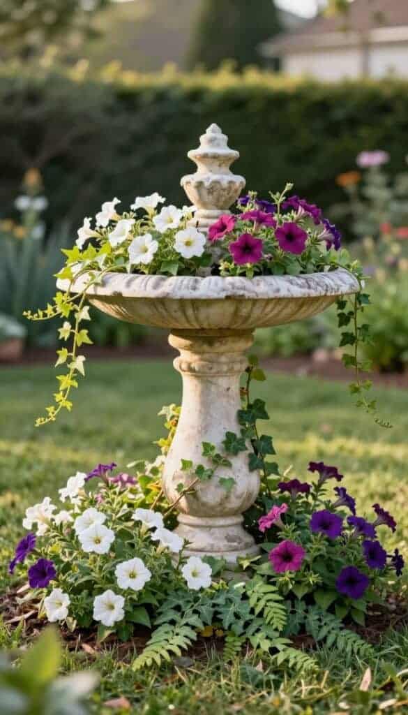 Raised bird bath with trailing plants