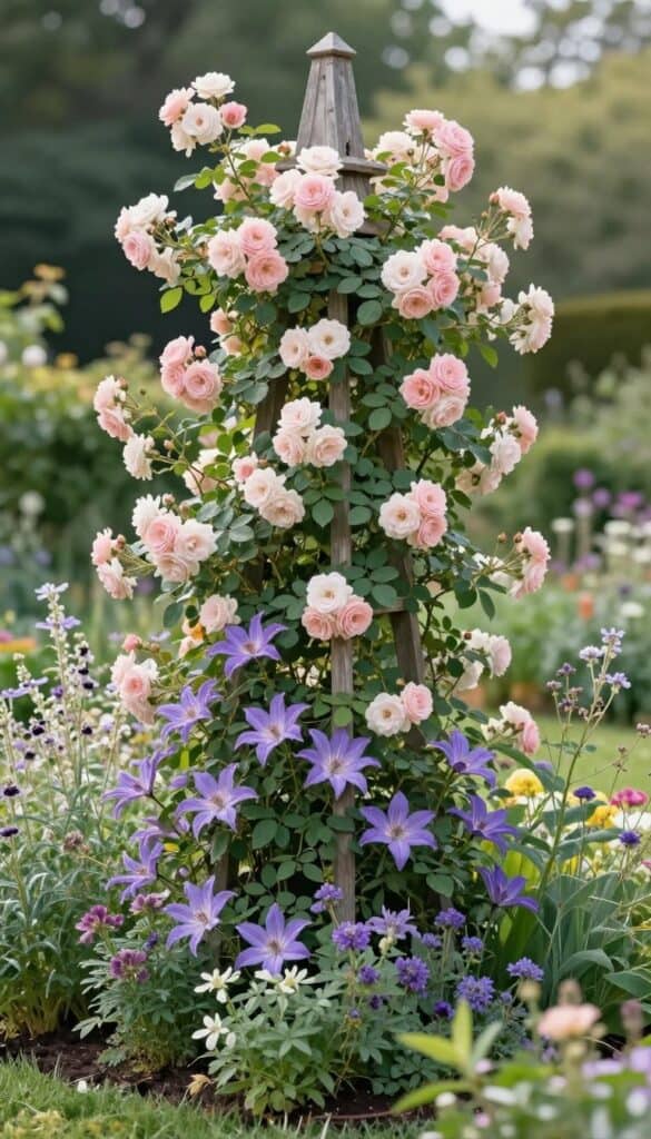 English garden border with climbing roses and clematis growing through structure and perennials adding vertical interest and romance