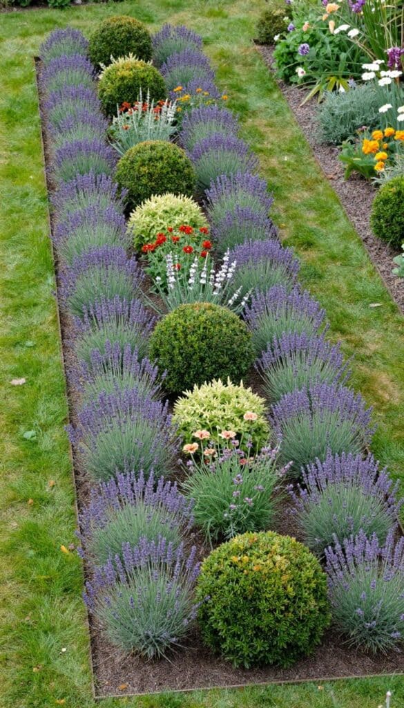 Formal English garden border showing repeated plantings of lavender and boxwood creating rhythm and structure along a garden path