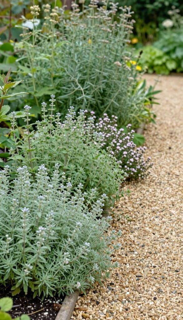 Garden border with plants spilling naturally over stone path edges creating soft, romantic, undone cottage garden aesthetic