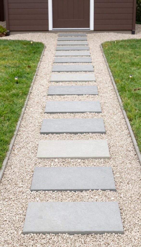 Gravel pathway with stepping stones leading to shed entrance