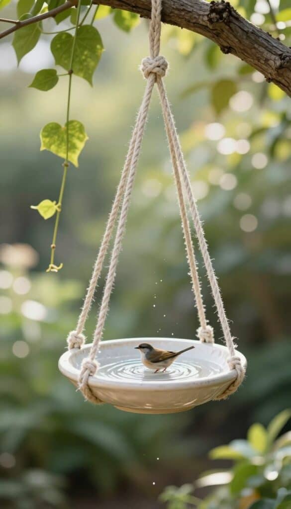 Hanging DIY bird bath suspended by rope in garden setting