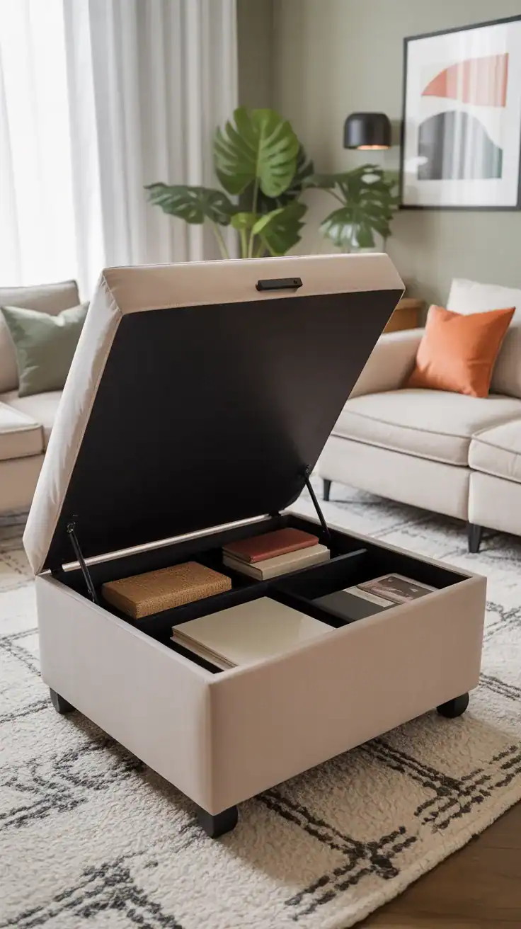 Ottoman with hidden storage compartment lifted open showing organized interior space in a contemporary living room