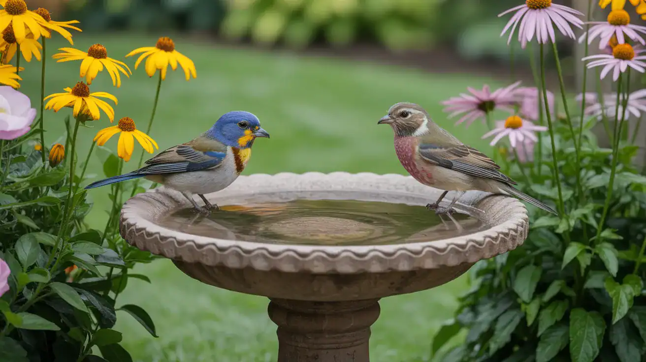 Beautiful DIY bird bath surrounded by flowers in a backyard garden