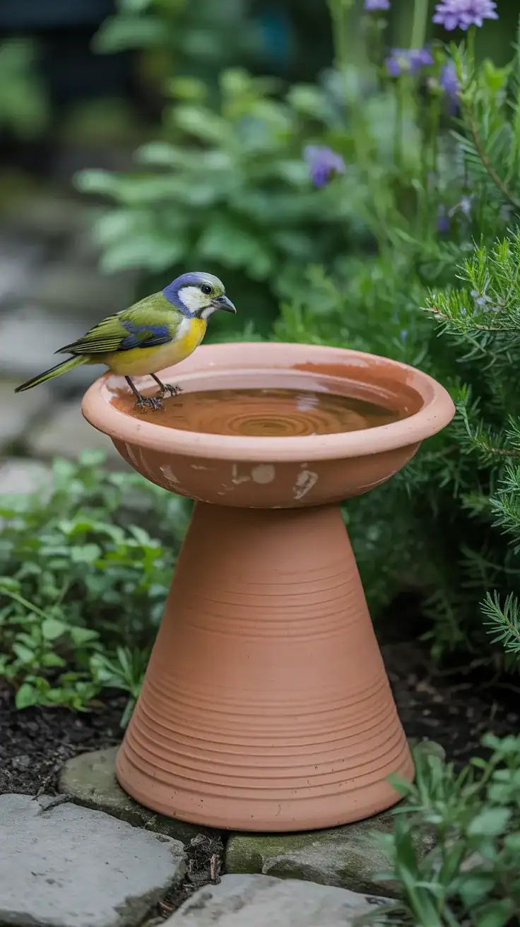 DIY bird bath made from upturned terracotta pot with shallow bowl on top in garden