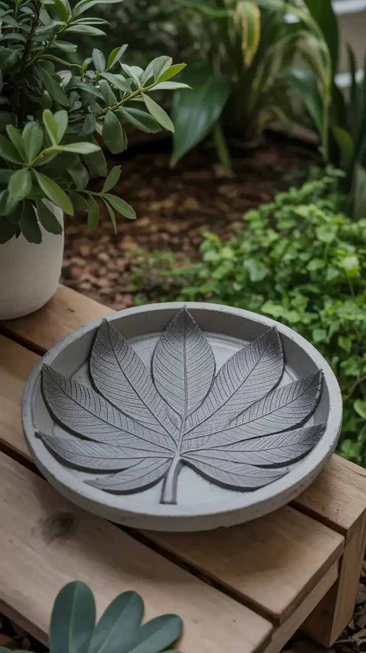 Artistic DIY bird bath with concrete leaf impression texture