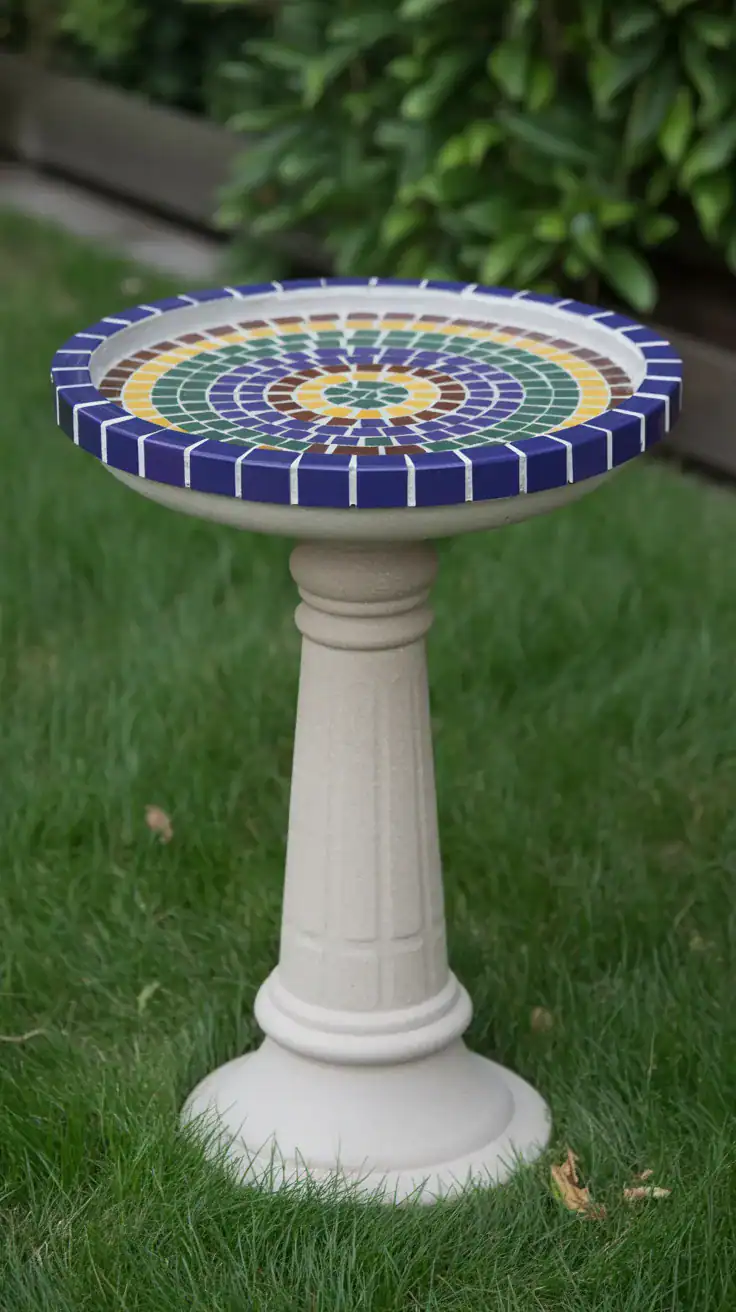 Colorful DIY bird bath decorated with mosaic tile pattern