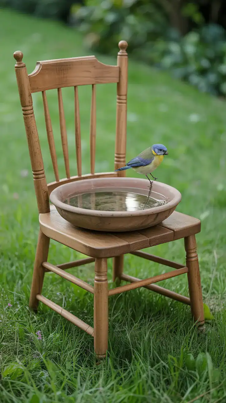 Creative DIY bird bath made from repurposed vintage wooden chair
