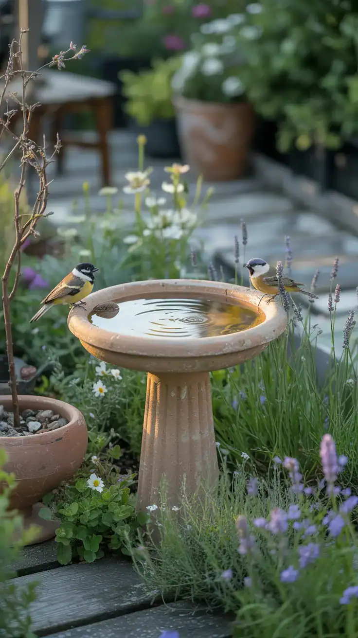 DIY bird bath in a soft cottage garden setting with birds, warm sunlight, and layered flowers creating a peaceful backyard scene