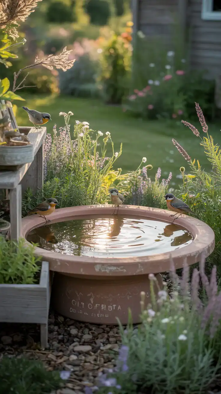 Styled DIY bird bath surrounded by layered plants, stones, and soft garden textures creating a balanced and intentional look