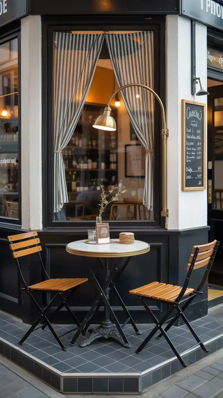 Photorealistic wide shot of an Urban Café Corner window balcony: charcoal hex tile floor, small round marble top bistro table, two folding café chairs in black metal with teak slats; striped café curtains stopping mid panel framing the window; brass swing arm light arcing over the table, warm evening ambiance; vintage style chalkboard on the wall with handwritten menu; narrow bar ledge along the side for a laptop or espresso cups; accessories on table, stack of coasters, petite pepper mill, single stem bud vase; color palette of black, white, brass, and natural wood; corner angle for a chic micro bistro feel.