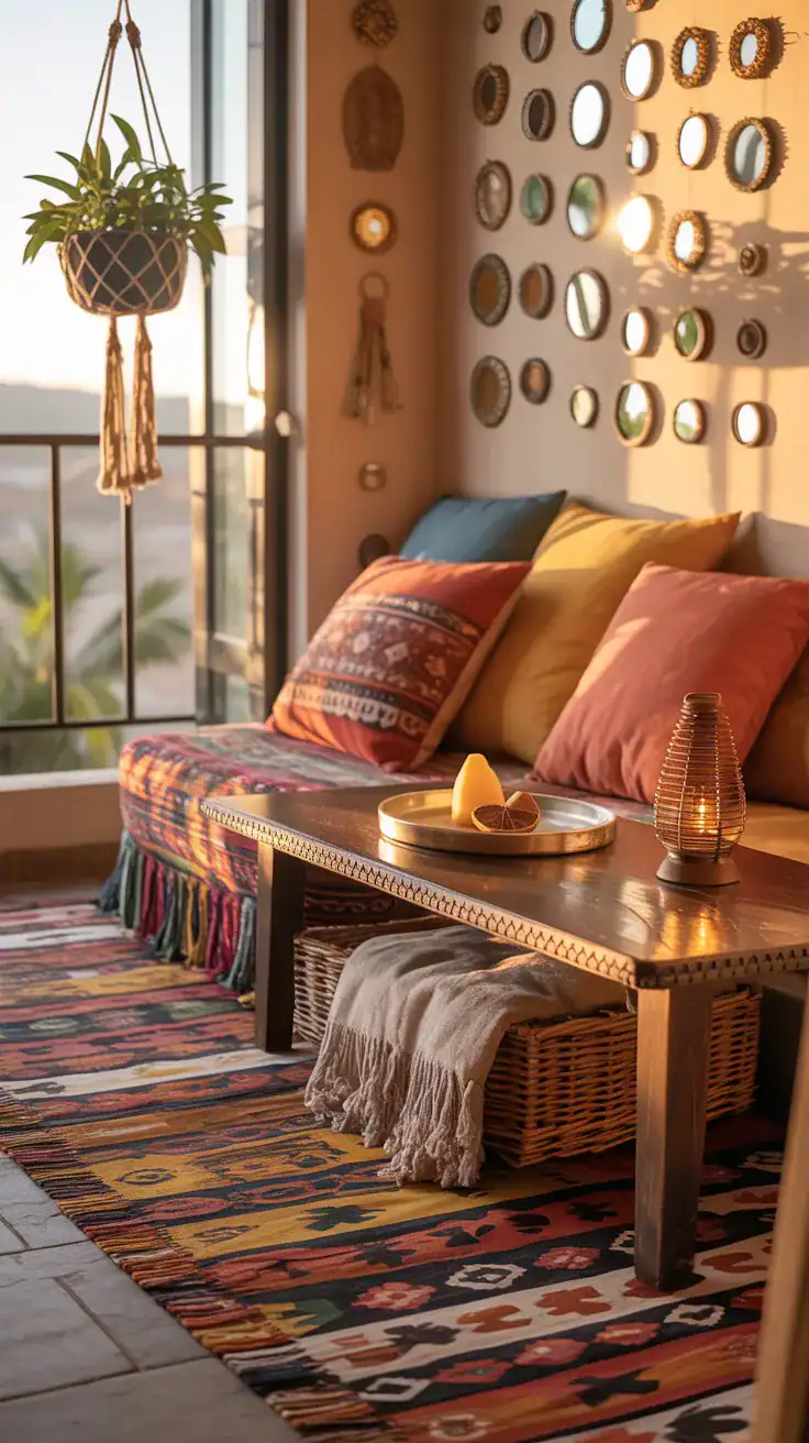 Photorealistic medium shot of a Boho Sun Soaked Perch: patterned kilim runner on the floor, layered cushions in terracotta, turmeric, and indigo piled against the wall; low mango wood table with carved edge, woven storage basket tucked beneath holding throws; macramé plant hanger near the window catching a light breeze; gallery of tiny mixed metal mirrors scattering golden reflections; accents of beaded tassels and a beehive lantern; a ceramic dish with palo santo or a citrus diffuser on the table; warm golden hour sunlight streaming in, vibrant global patterns and fringe details emphasized; angled from the balcony corner.