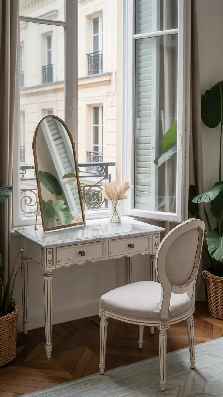 Elegant window balcony vanity nook with a marble top console, vintage mirror, pale linen chair, and soft Parisian inspired decor
