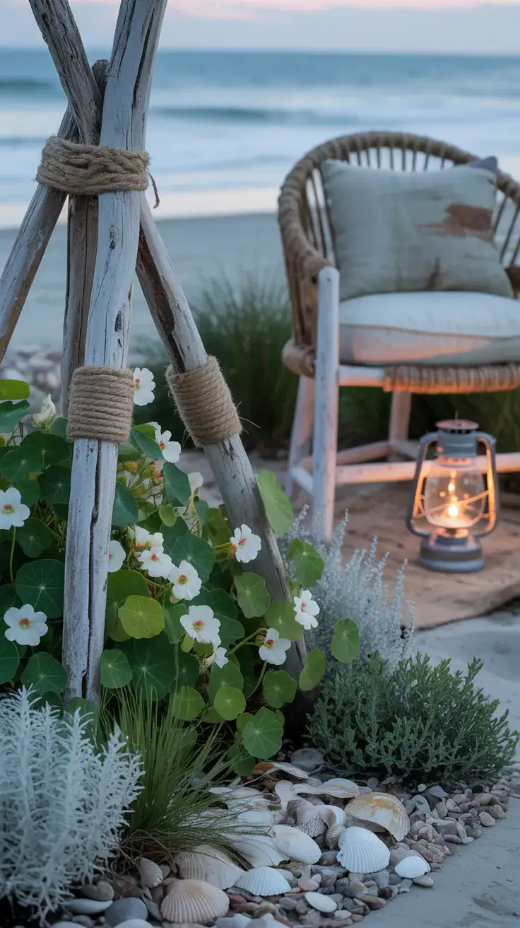 Photorealistic closeup/detail shot from a low angle of a driftwood tripod trellis lashed with jute beside a coastal cottage bed; white climbing nasturtiums spiraling up the weathered poles; surrounding textures include sea thrift tufts, airy ornamental grasses, and pale silvery artemisia; ground scattered with shells and bleached pebbles as mulch; a rope-handled stool with a faded canvas cushion and a small lantern with soft candle glow at dusk slightly blurred in background; color vibe sand, salt-white, dune green, silver; coastal dusk light, no people