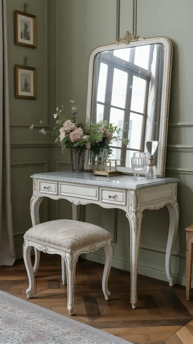Antique French vanity table with curved legs, marble top, and upholstered stool in Parisian bathroom