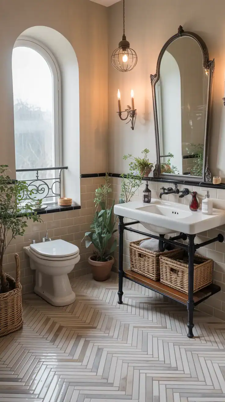 Parisian bathroom floor with classic herringbone pattern tiles in warm neutral tones