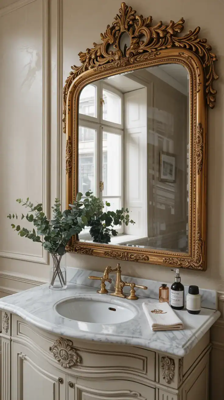 Dramatic ornate gold-framed mirror above marble vanity in Parisian bathroom creating statement focal point