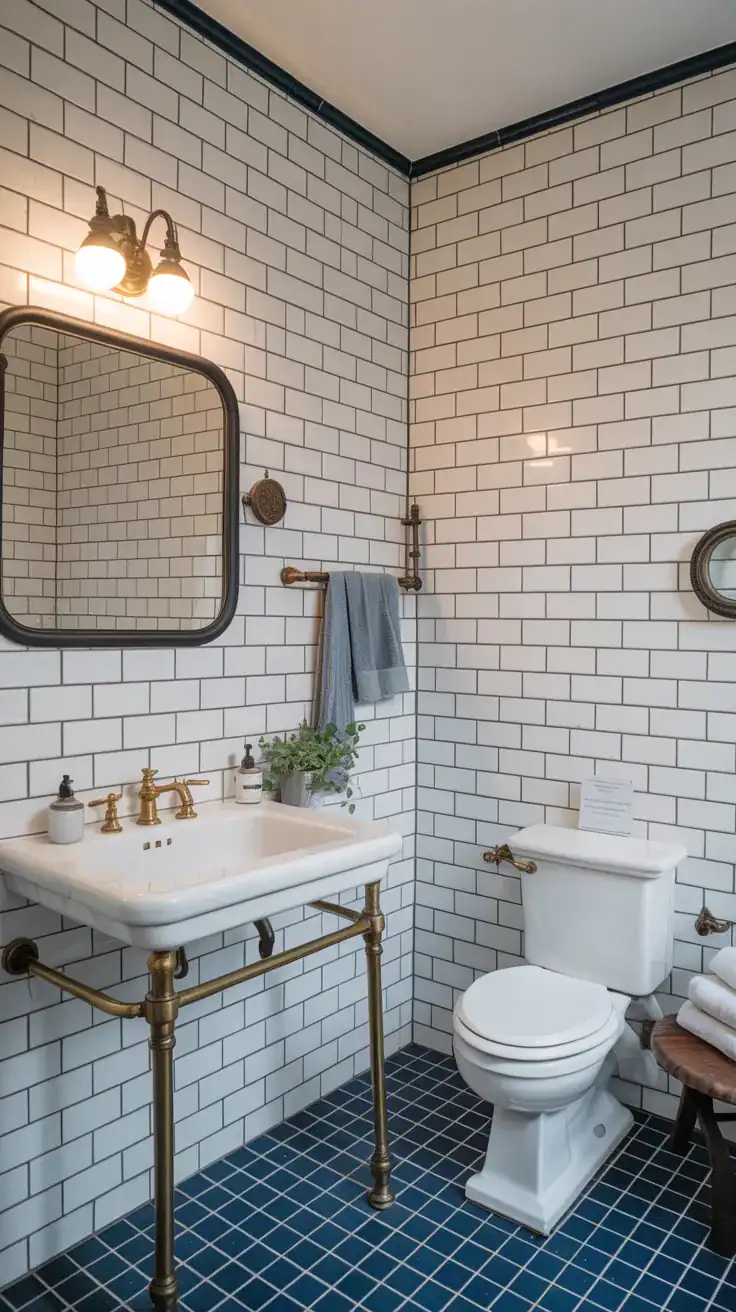 Classic white subway tile bathroom walls with contrasting dark grout lines and brass fixtures