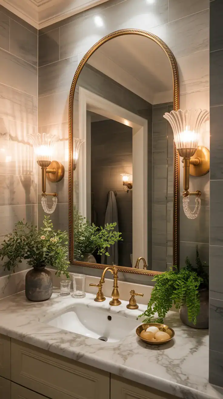 Elegant brass and glass wall sconces flanking bathroom mirror providing soft ambient lighting