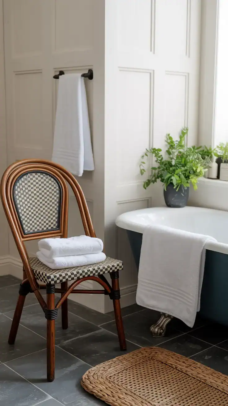 Charming wooden French bistro stool with woven seat beside clawfoot bathtub holding towels