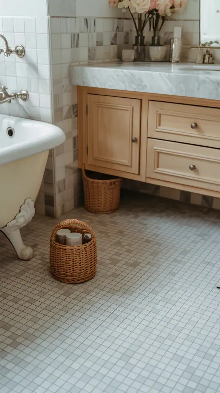 Luxurious small marble mosaic tile bathroom floor in white and cream creating textured surface
