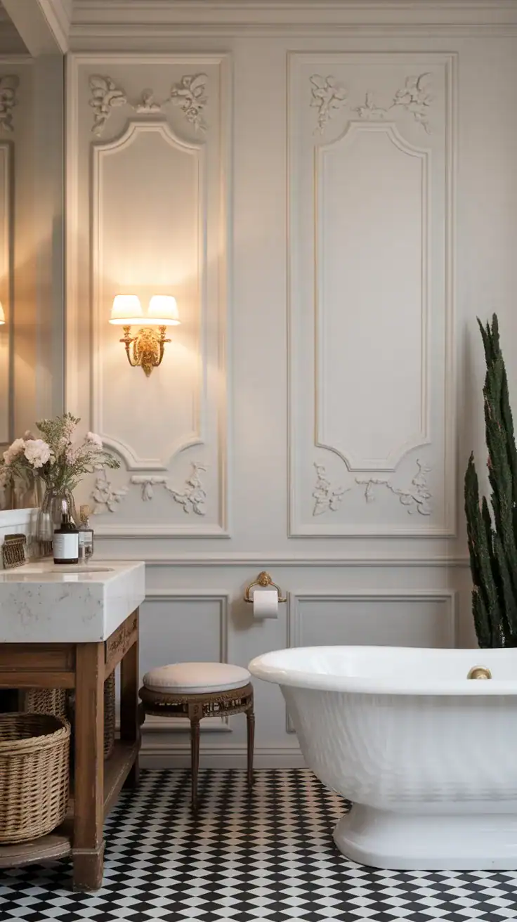Parisian bathroom wall featuring elegant decorative panel molding painted in warm white