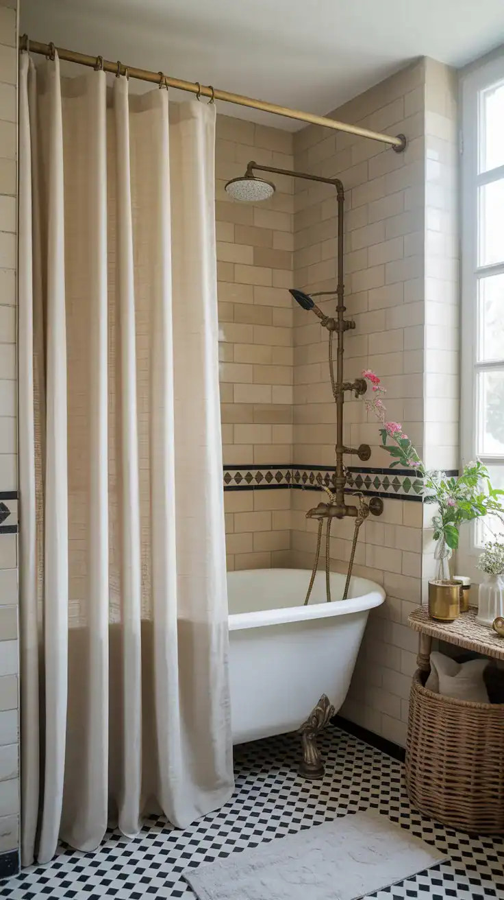 Natural ivory linen shower curtain in elegant Parisian bathroom with brass curtain rod