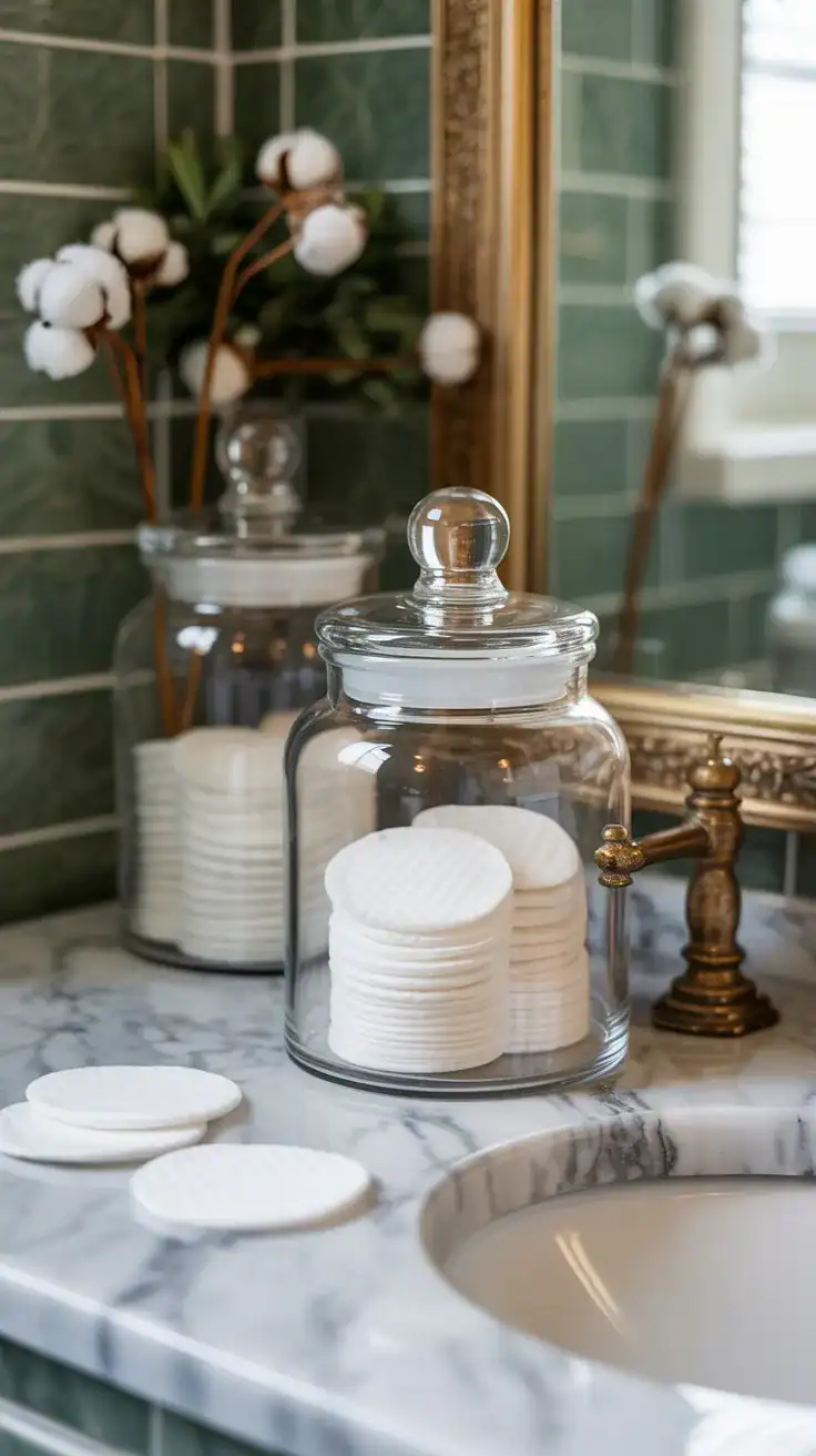 Clear glass apothecary jars on marble bathroom counter containing cotton pads and bath salts
