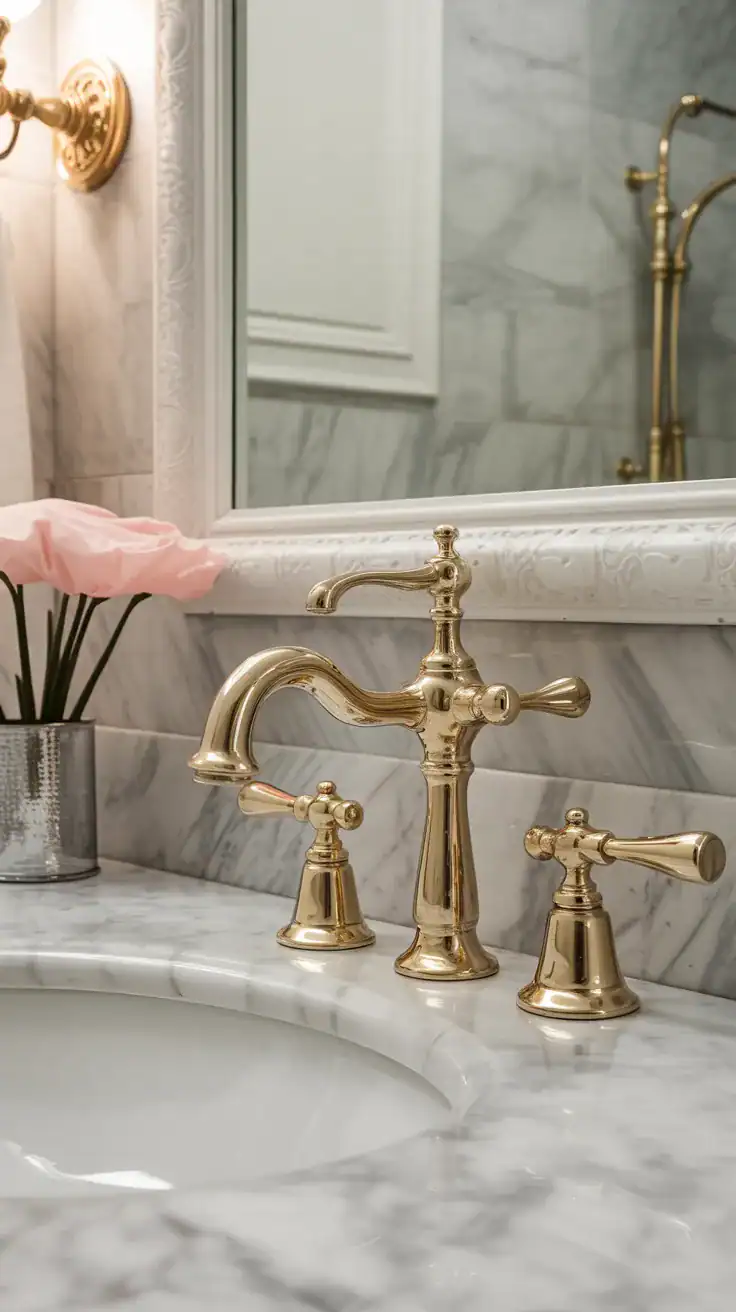 Parisian bathroom vanity showcasing polished brass faucets and fixtures against white marble backdrop