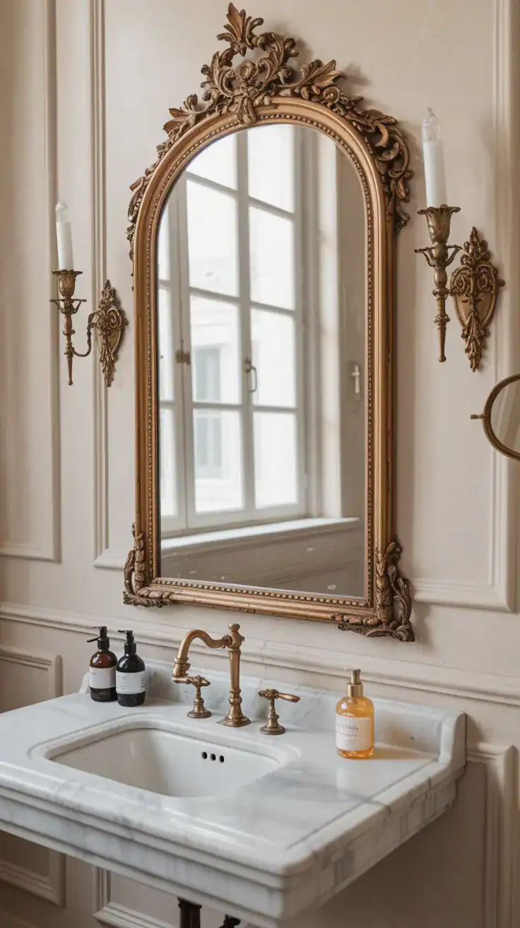 Elegant Parisian bathroom featuring a white marble sink with ornate antique gold-framed mirror and brass wall sconces