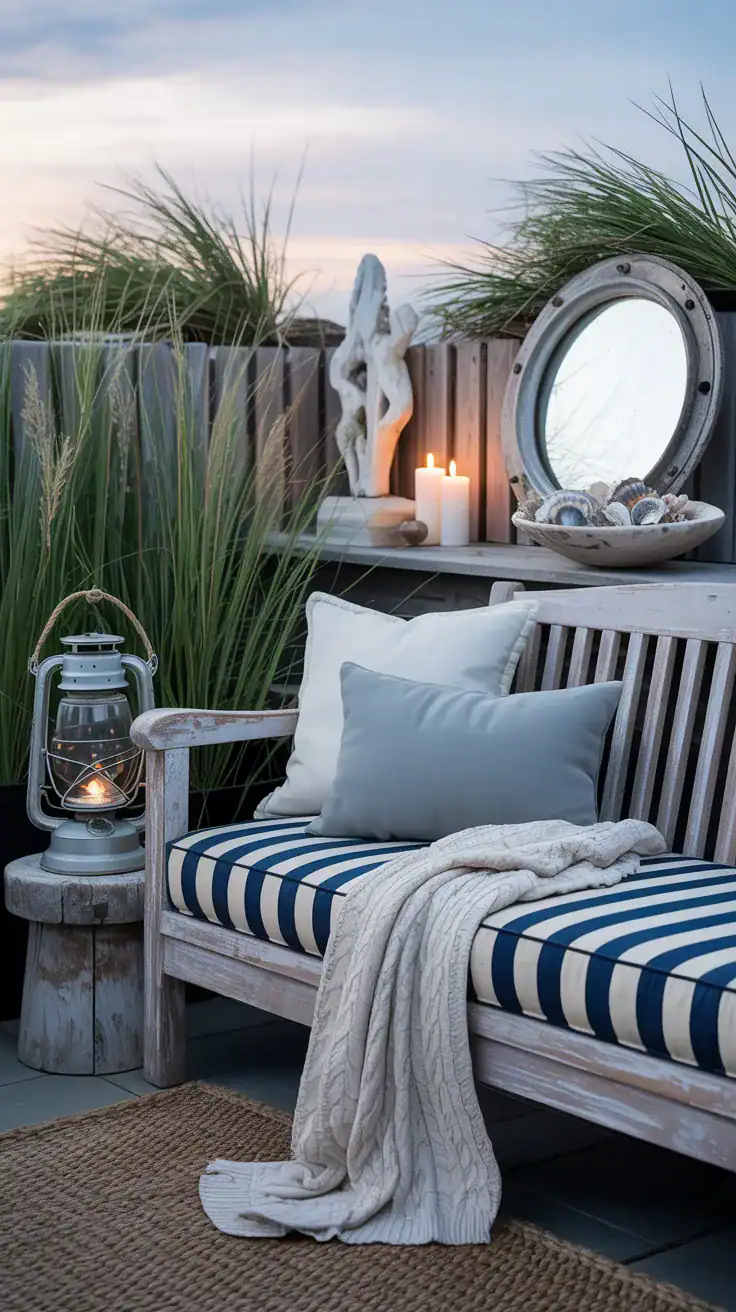 Photorealistic wide coastal corner, slightly angled view: a whitewashed teak bench with navy-and-cream striped cushions, a seafoam knit throw draped over the arm, oyster-shell gray pillows. A rope-handled lantern on a low weathered stool, seagrass planters bursting with dune grasses. A vintage porthole mirror mounted on the fence bouncing light; a bleached driftwood sculpture and bowl of shells on a small ledge. Gentle ocean-hued palette, soft candlelight glow at dusk, breezy salt-air mood.