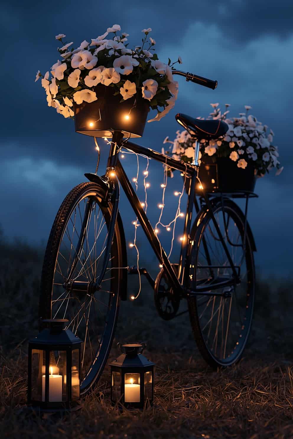 Photorealistic medium shot at twilight: a glossy black bicycle with front and rear planters overflowing with white petunias, bacopa, alyssum, and silvery lamb’s ear. Warm LED fairy lights threaded through the spokes casting a gentle glow. Black lanterns at the base with soft candles. Moody, sculptural feel with deep blue evening sky and subtle reflections on the gloss frame.