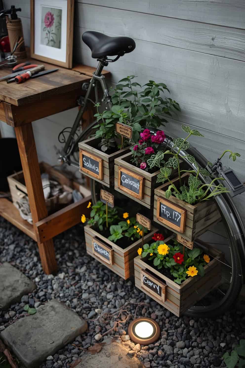 Photorealistic detail shot, botanical focus: deep olive bike with wooden herb drawers repurposed as planters. Mini chalkboard labels identifying salvia, coleus, nasturtium, and dwarf dahlias. Nearby potting bench with pruning shears, twine, and a framed botanical print partially in view. Gravel base with stepping stones and a small solar spotlight aimed at the arrangement. Clean, documentary-style lighting.