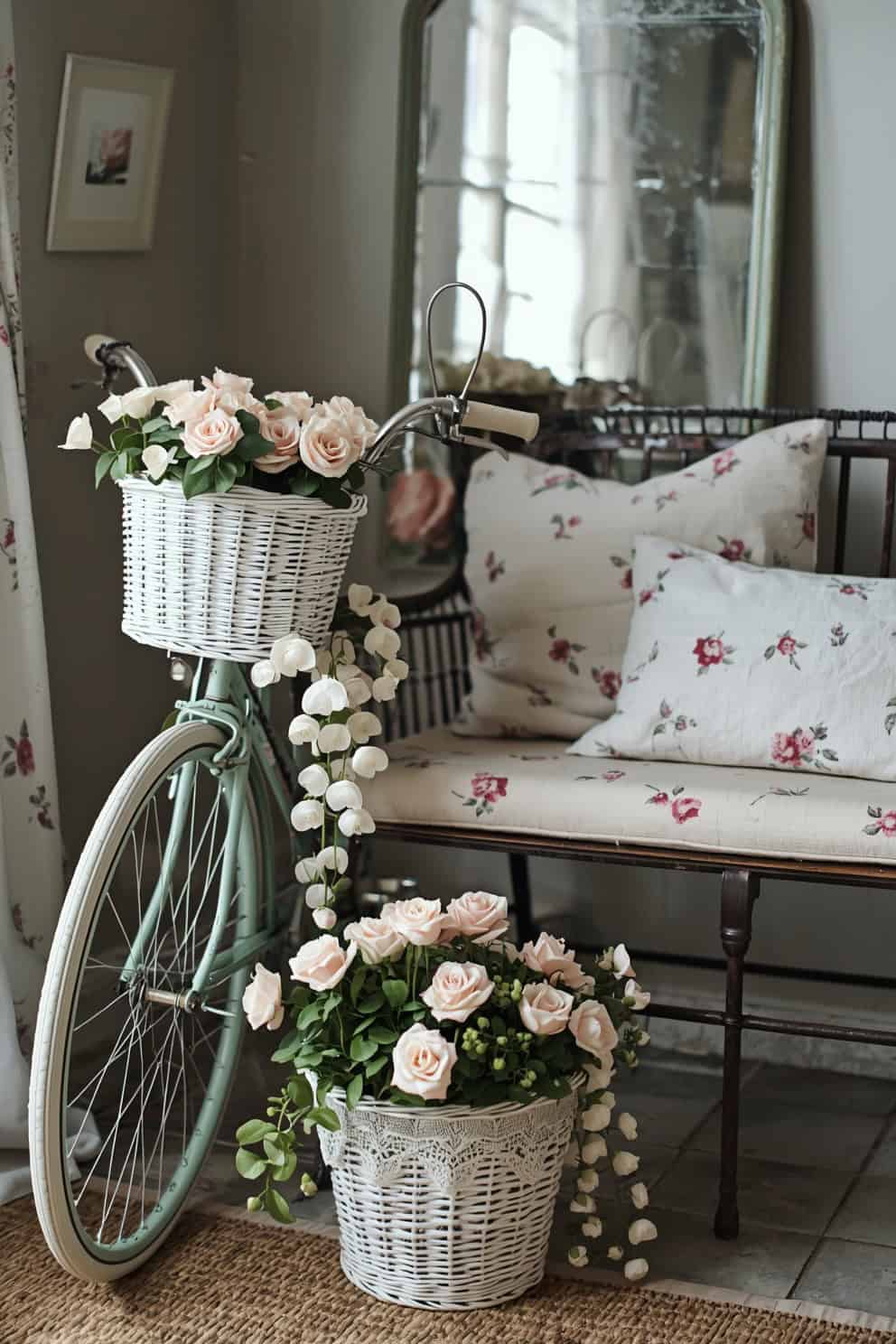 Photorealistic medium shot, romantic nook: a powdery mint bike lightly distressed at the edges, white wicker baskets with lace-trimmed liner, planted with tea roses, sweet peas, and trailing white verbena. Paired with a vintage iron bench and floral cushions, pale jute rug underfoot. A crackled mirror propped behind reflecting the blooms for depth. Soft, diffused morning light.