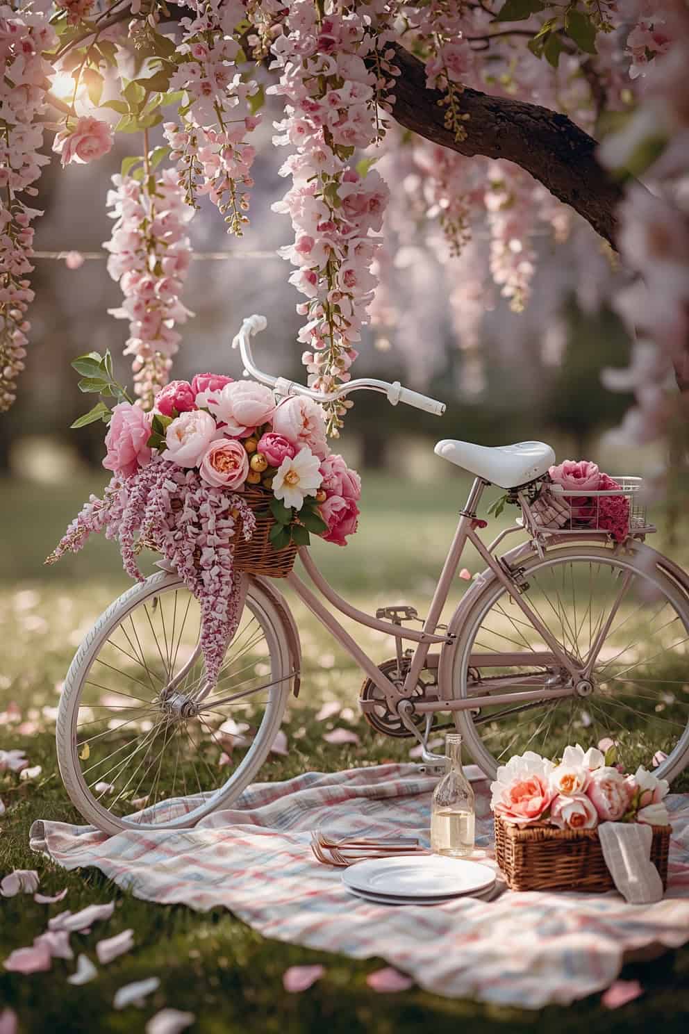 Photorealistic wide picnic scene under blossoms: a soft lilac or blush-painted bike with a rattan basket lined in gingham, overflowing with peonies, snapdragons, and trailing lobelia in sorbet tones. Beneath a flowering crabapple or wisteria, a plaid blanket laid out with enamel plates and a glass bottle of lemon water. Paper-bunting garland strung along the frame. Gentle, dreamy spring lighting with fallen petals.