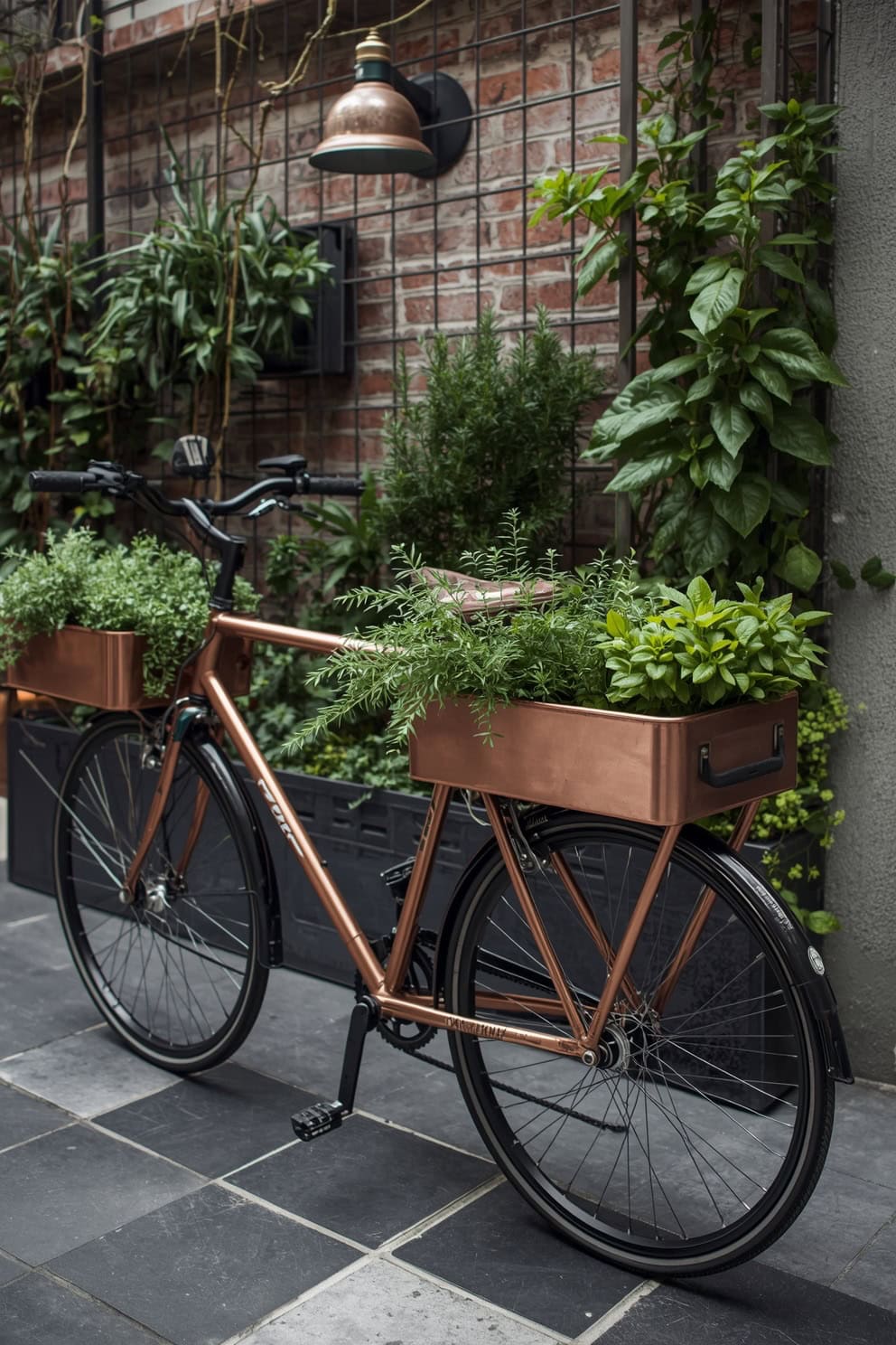 Photorealistic medium shot, urban courtyard vibe: brushed copper sprayed bike frame with matte black trim on chain guard and bell. Two narrow metal toolboxes attached as saddle planters, labeled in white pen. Lush herb garden of rosemary, thyme, basil, and mint spilling over. Set on dark slate pavers with a wall-mounted grid trellis behind and a vintage factory light overhead. Crisp, modern city feel.