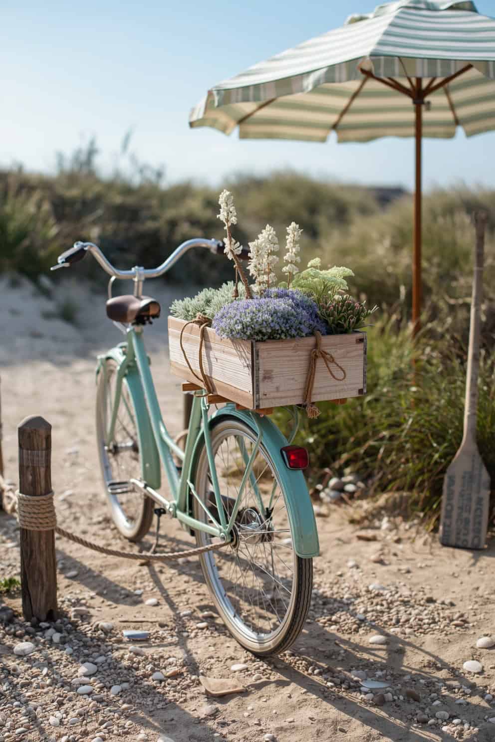 Photorealistic wide shot, beachy setting: a sea-glass green painted cruiser on sand-colored gravel. Driftwood box strapped to the rear rack with jute rope, packed with sea thrift, blue fescue, and pale succulents. Rope bollards, scattered shells, and a weathered oar styled around the bike. A striped canvas umbrella nearby casting dappled shade. Breezy coastal mood in bright daylight.