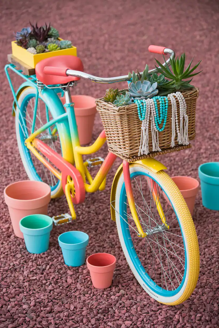 Photorealistic wide shot, corner angle on a pea gravel pad: a sun-faded beach cruiser painted in rainbow ombré from turquoise to coral to lemon. Seat swapped for a low flat plank supporting a shallow succulent tray. Front basket brimming with string of pearls, echeveria, and blue chalksticks. Painted terracotta pots in matching tones scattered around the tires. Macramé hangers draped from the handlebars for a boho vibe. Late afternoon natural light.