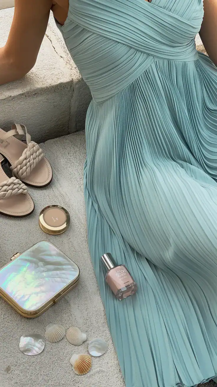 Detail closeup by a Puglian seaside wall of pale stone: seafoam pleated midi fabric with softly draped bodice spread to highlight fine pleats. Next to it: nude braided sandals, mother-of-pearl clutch glowing iridescently, and shell hair clips arranged in a half-up layout. Glossy highlight compact and petal-pink nail polish bottle catching breezy, salt-kissed light. Fresh, airy vibe. Photorealistic, overhead shot.