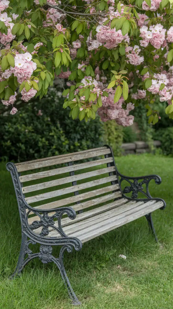 Weathered wooden antique garden bench with ornate cast iron ends under flowering tree